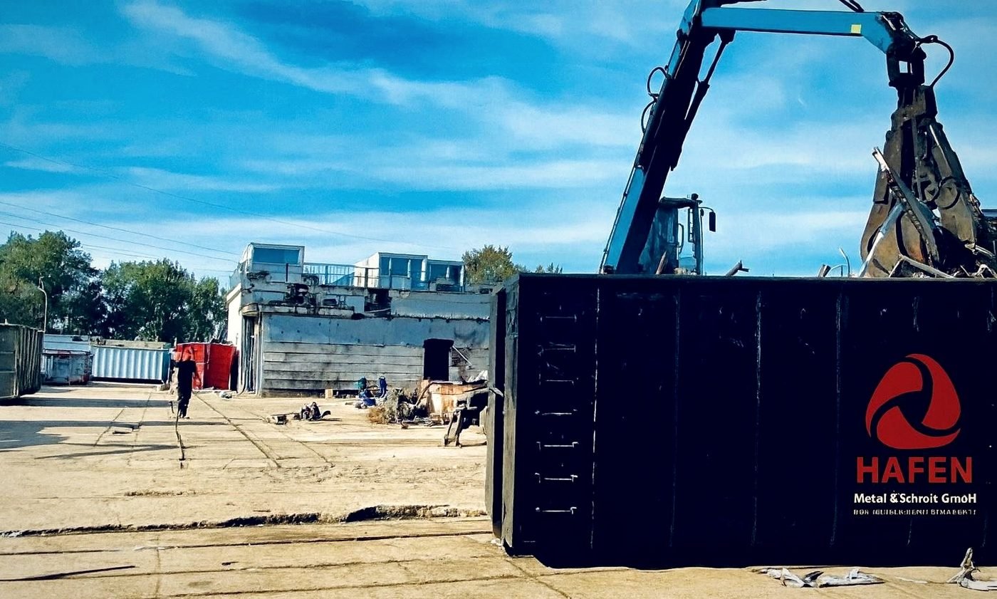 HAFEN-Abrollcontainer mit Firmenlogo am Umschlagplatz