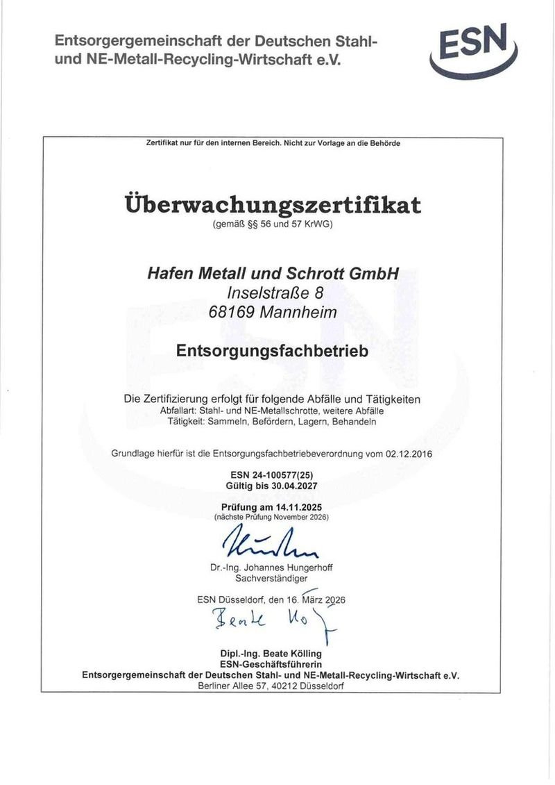 ESN-Überwachungszertifikat Entsorgungsfachbetrieb der Hafen Metall und Schrott GmbH